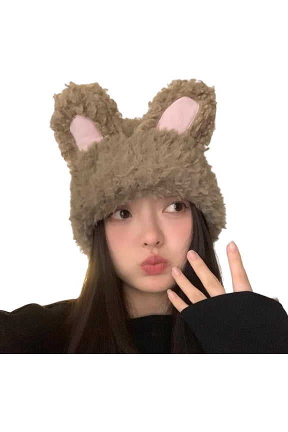 Cute Plush Bunny Ear Beanie Hats for Women Girls Y2K Rabbit Warm Winter Hat Skull Cap