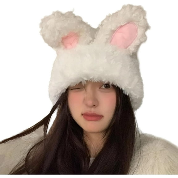 Double2cm Cute Plush Bunny Ear Beanie Hats for Women Girls Y2K Rabbit Warm Winter Hat Skull Cap