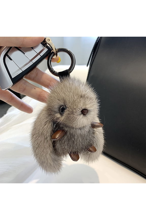 Cute Plush Bunny Keychain Pendant, Fluffy Rabbit Key Ring with Long Ears, Soft Bag Charm for Purse, School Bag or Car Key Decoration, Adorable Birthday Gift(Gray)