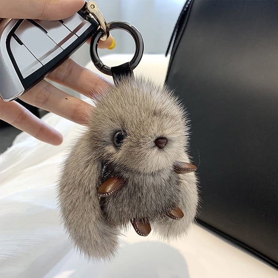 Cute Plush Bunny Keychain Pendant, Fluffy Rabbit Key Ring with Long Ears, Soft Bag Charm for Purse, School Bag or Car Key Decoration, Adorable Birthday Gift(Gray)