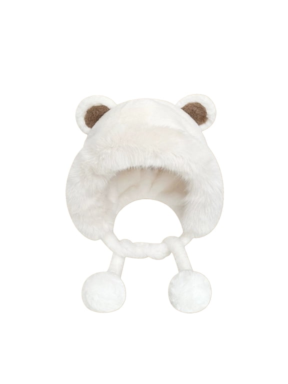 Cute Plush Cap With Ear Fuzzy Bear Hat Soft Warm Winter Hat Beanie For Women Girls