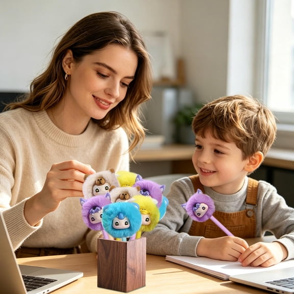 Cute Plush CharacterPen Set - 0.5mm Black Ink BallPens, Smooth Writing Stationery,Fidget Plush Toy, 4 Piece Gift Pack