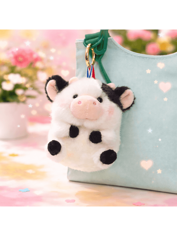 Cute Plush Cow Keychain Bag Charm, Soft Fluffy Animal Keyring for Girls Kids Women, Kawaii Backpack Accessory Gift Idea, Black White Cow, 6 Inch