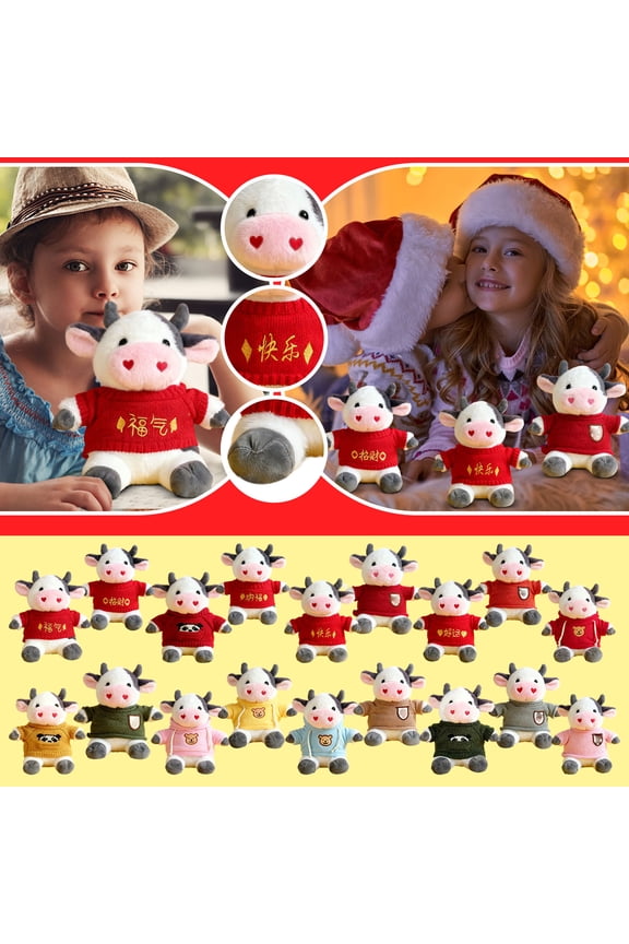 Cute Plush Cow Stuffed Animal Toy, 23Cm Height With Heart-Shaped Nose & Ears, Red Outfit With Golden “Fortune” Characters, Crafted From Soft Safe Materials Without Labels, Ideal