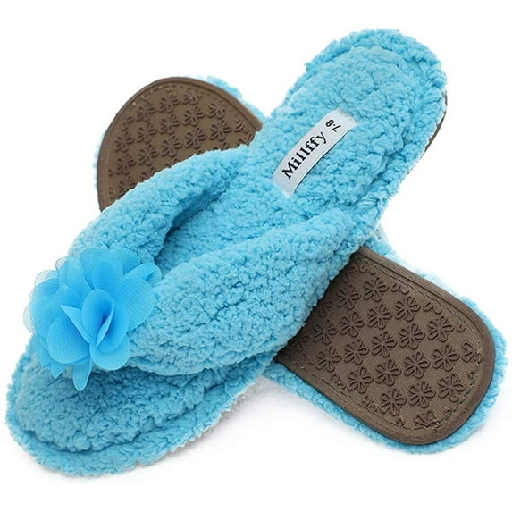 Cute Plush Cozy Sherpa Shearling Thong Slide Womens Flip Flops Flower Slippers (US 5-6, Blue)