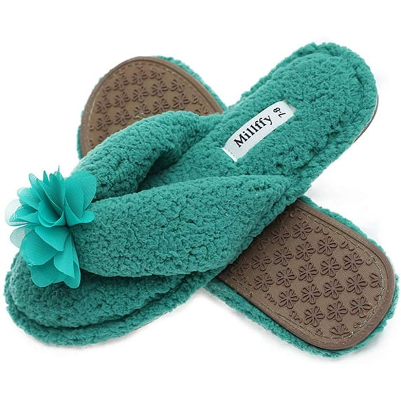Cute Plush Cozy Sherpa Shearling Thong Slide Womens Flip Flops Flower Slippers (US 5-6, Green)