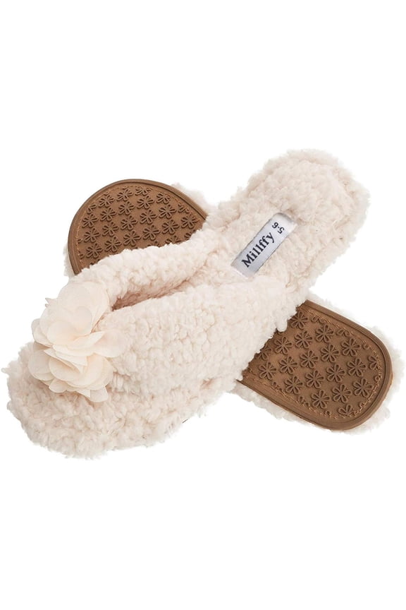 Cute Plush Cozy Sherpa Shearling Thong Slide Womens Flip Flops Flower Slippers (US 7-8, Beige)