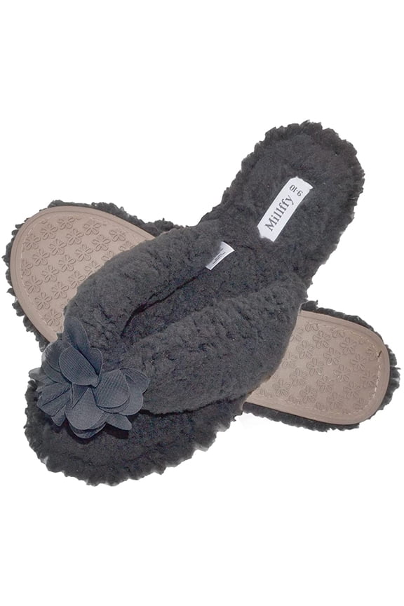Cute Plush Cozy Sherpa Shearling Thong Slide Womens Flip Flops Flower Slippers (US 7-8,Black)