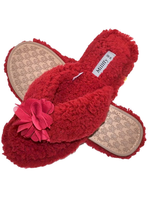 Women's Plush Cozy Sherpa Shearling Thong Slide Slippers, Wine, US 9-10