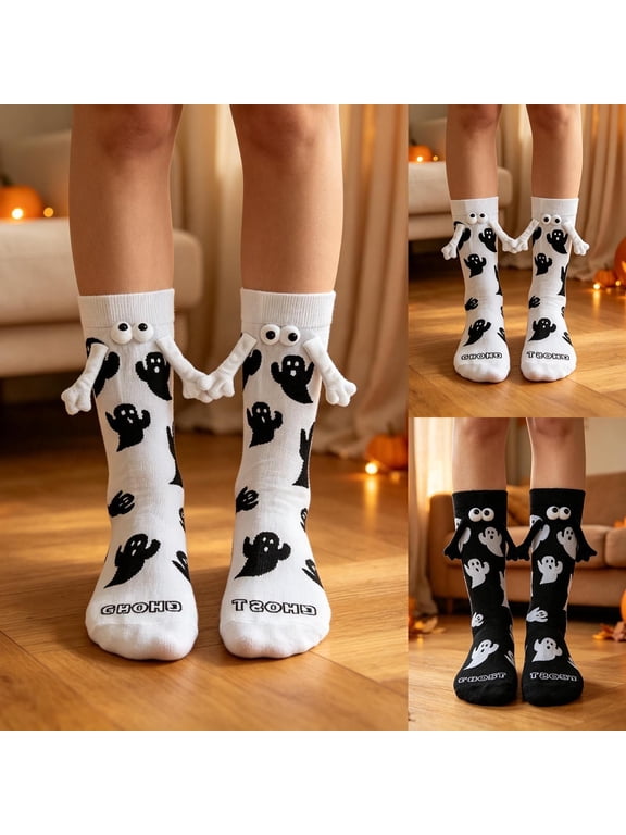 Cute Plush Doll Holding Hands Socks for Halloween 3D Novelty Spooky Crew Socks for Women Men