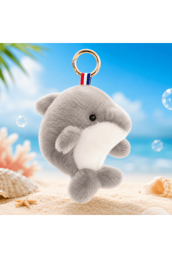 Cute Plush Dolphin Keychain Bag Charm  Soft Fluffy Animal Keyring for Girls, Kids & Women, Kawaii Backpack Accessory Gift, Gray, 6 Inch
