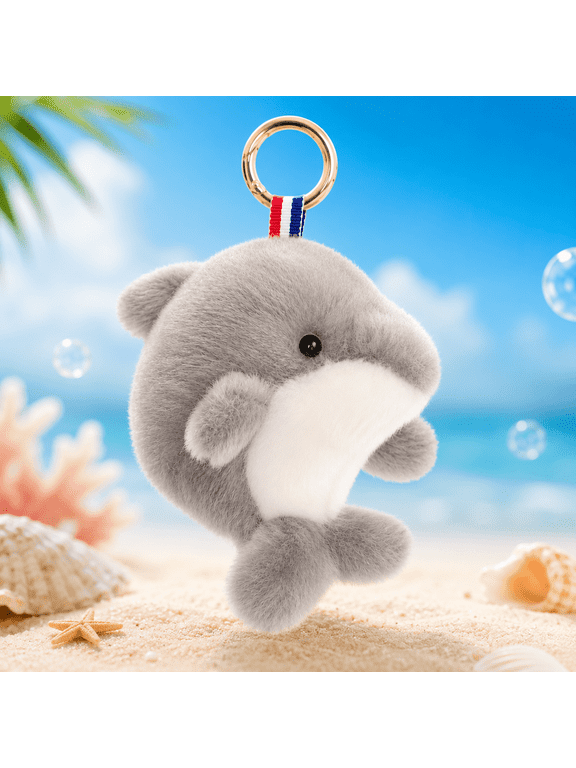 Cute Plush Dolphin Keychain Bag Charm Soft Fluffy Animal Keyring for Girls, Kids & Women, Kawaii Backpack Accessory Gift, Gray, 6 Inch