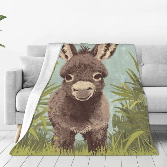 Cute Plush Donkey Throw Blanket, Fluffy Animal Art, Soft Flannel Fleece for Couch Bedding, Pastel Farmhouse Decor 50x40