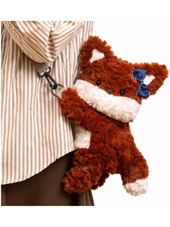 Cute Plush Fox Crossbody Bag, Soft Fluffy Brown Fox Shoulder Purse with Adjustable Strap & Blue Bow, Stuffed Animal Handbag for Kids Girls Toddlers Daily Outing Party Gift