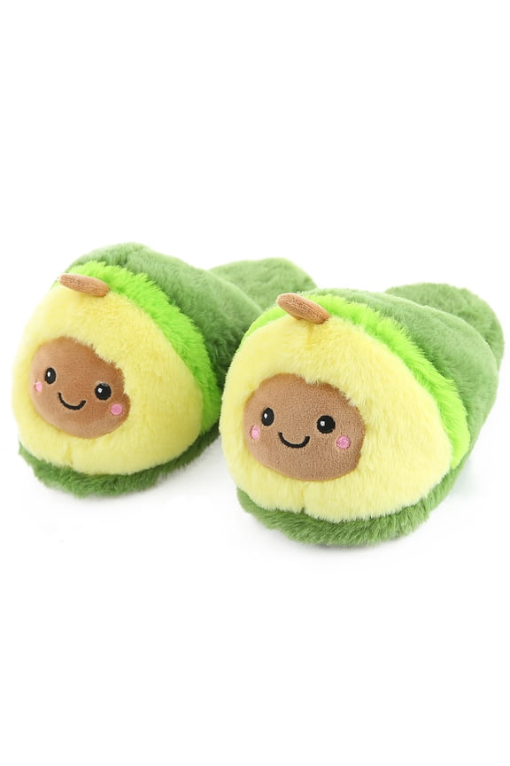 Cute Plush Fruit Pitaya Mangosteen Pineapple Slippers Kawaii avocado slippers for women (US 8-10, Avocado)