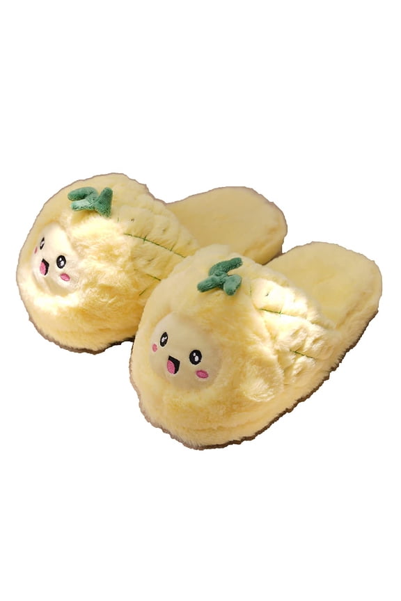 Cute Plush Fruit Pitaya Mangosteen Pineapple Slippers Kawaii avocado slippers for women (US 8-10, Pineapple)