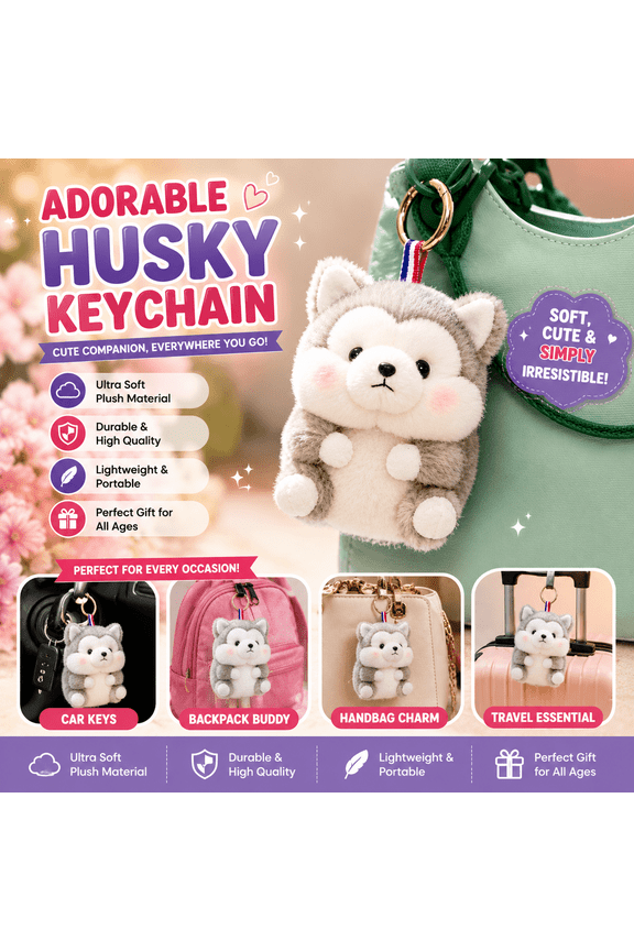 Cute Plush Husky Keychain Bag Charm  Soft Fluffy Animal Keyring for Girls, Kids & Women, Kawaii Backpack Accessory Gift, Gray, 6 Inch