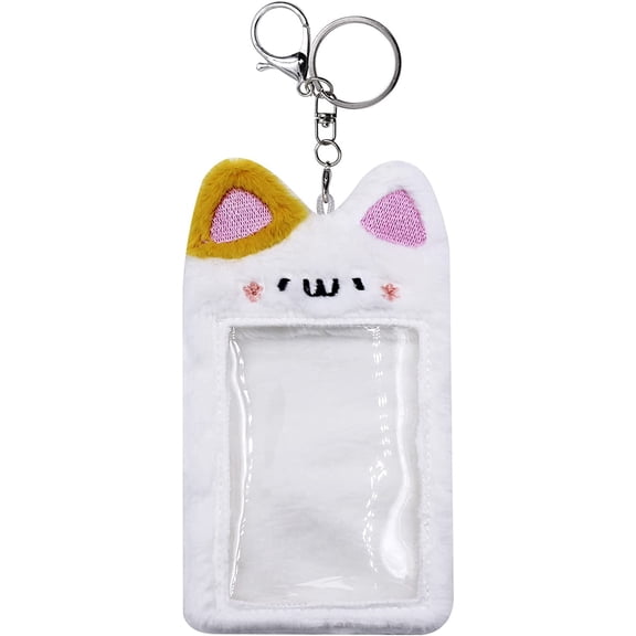 Cute Plush Kpop Photocard Holder with Keychain, Cartoon Bear Rabbit Cat Photo Sleeve ID Bank Credit Card Holder Protector Stationery