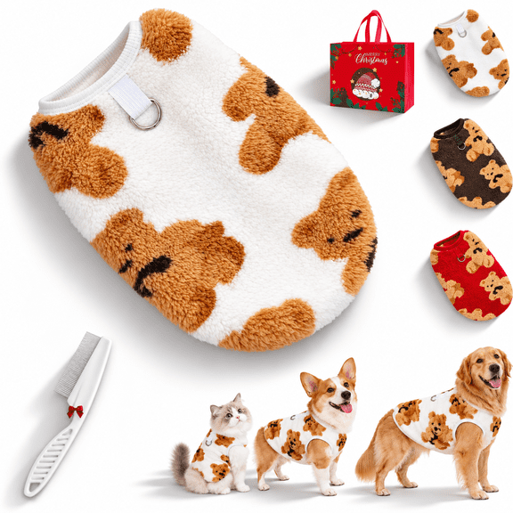 Cute Plush-Lined Pet Vest, Plush Bear Print Dog Vest,Warm Polyester Pet Sweater Sleeveless Winter Clothing for Small Medium Dogs and Cats, Indoor Outdoor Wear