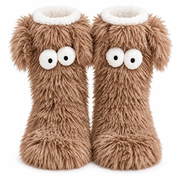 Cute Plush Monster Slipper Socks for Women, Fluffy Big Eye Fleece Lined Cozy Socks with Non-Slip Grip for Home
