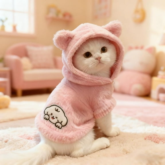 Cute Plush Pet Hoodie for Cats and Small Dogs Faux Mink Fleece Warm Vest with Hood Winter Clothing Indoor Outdoor Use