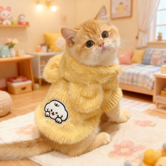 Cute Plush Pet Hoodie for Cats and Small Dogs Faux Mink Fleece Warm Vest with Hood Winter Clothing Indoor Outdoor Use