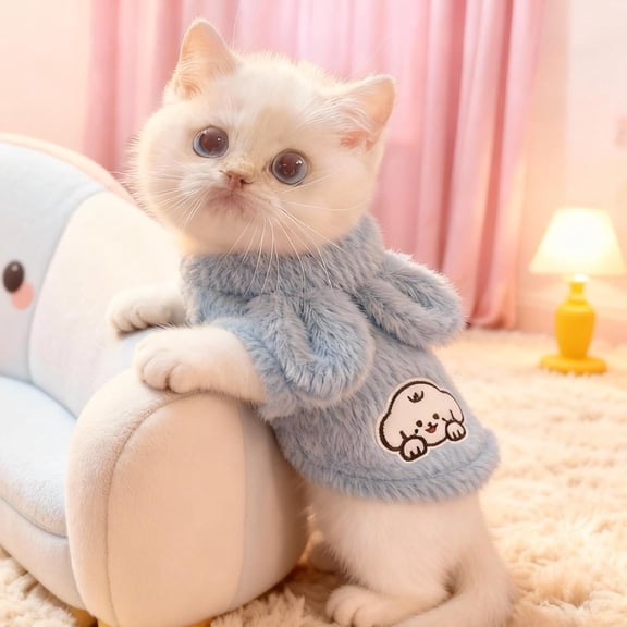 Cute Plush Pet Hoodie for Cats and Small Dogs Faux Mink Fleece Warm Vest with Hood Winter Clothing Indoor Outdoor Use