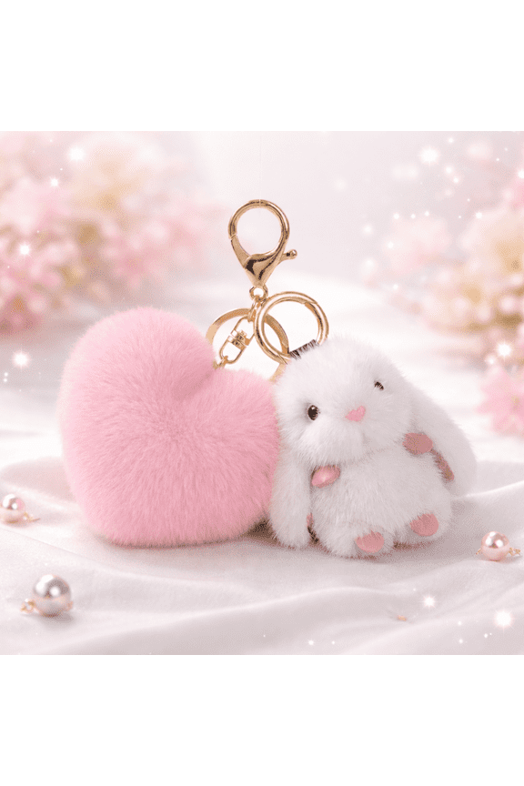 Cute Plush Rabbit Keychain with Heart Shape, Soft White Bunny Keychain with Gold Clip, Kawaii Animal Keyring for Keys, Bag, Backpack, Purse Charm Gift for Women Girls