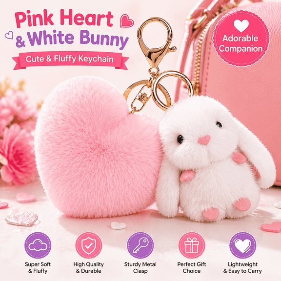 Cute Bunny Plush Keychain with Pink Heart Pillow, Kawaii Rabbit Bag Charm for Girls Women, Soft Stuffed Key Ring for Backpack Purse Keys Gift