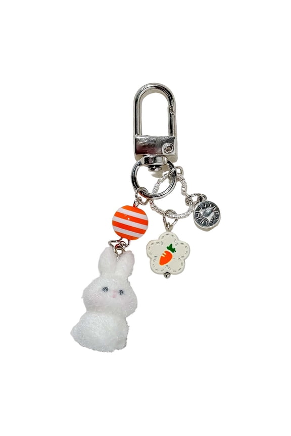 Cute Plush Rabbit Keychain - Orange Stripe Bead & Carrot Flower Charm, Portable Size, Sweet Design for Backpacks, Bags & Birthday Gift
