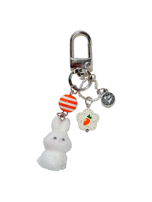 Cute Plush Rabbit Keychain - Orange Stripe Bead & Carrot Flower Charm, Portable Size, Sweet Design for Backpacks, Bags & Birthday Gift