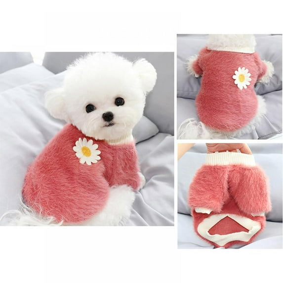 Cute Plush Round Neck Warm Winter Flowers Sweater Pet Dog Clothes Winter Warm Fleece Pet Coat For Small Dogs French Bulldog Puppy Dog Clothing Chihuahua Clothes