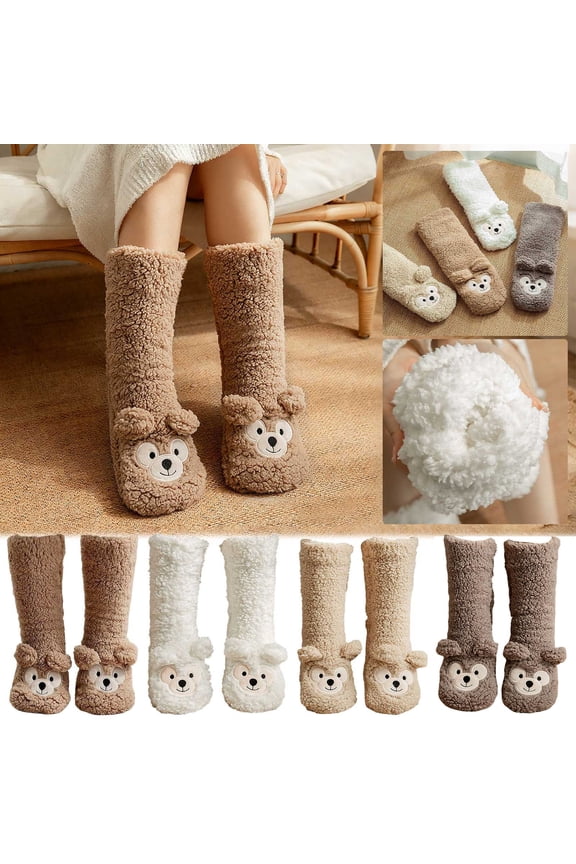 Cute Plush Slipper Socks for Women Kids Warm Winter, Big Eye Puppy Fuzzy Home Floor Shoes Sleep Socks, Fluffy High Socks, Tall Furry Shoes for Girls Boys B-B