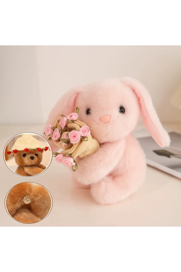 Cute Plush Stuffed Animal Toy Bear with Rose Flower Keychain Pendant for Bag Charm Home Decor Gift, Soft Hugging Teddy Bear Doll for Adults Friends Collection Party Favors