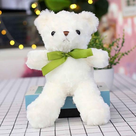 Cute Plush Teddy Bear with Green Bow, Soft Fluffy Stuffed Animal Toy for Kids, 4 Color Options, Perfect for Easter Gifts, Bedroom Decor & Playtime Companions