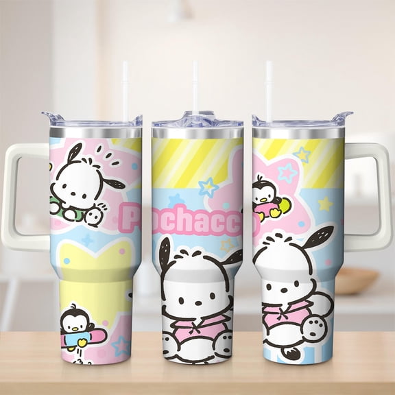 Cute Pochacco Cartoon Stainless Steel Insulated Mug with Lid and Handle, 30oz