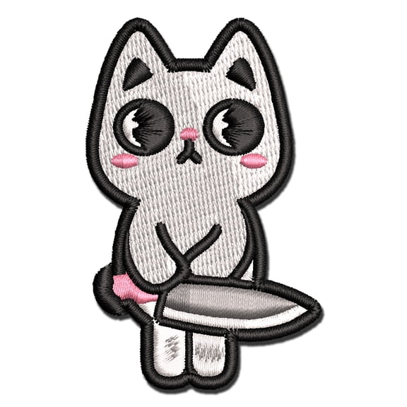 Cute Pocket Cat with Knife Applique Multi-Color Embroidered Iron-On Patch - 2.5 Inch Small
