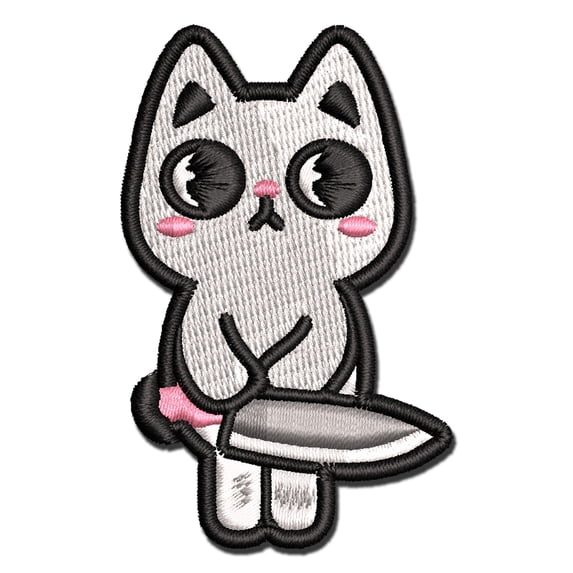 Cute Pocket Cat with Knife Applique Multi-Color Embroidered Iron-On Patch - 3.5 Inch Large
