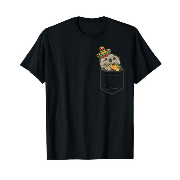 Cute Pocket Otter Cinco De Mayo Shirt Mexican Animal Taco Cotton T-Shirt Black