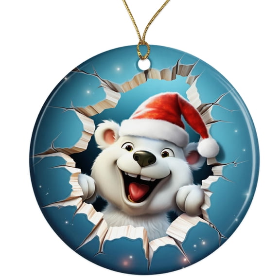 Cute Polar Bear Cartoon Ceramic Ornament - Breakthrough 3D Effect Burst Illusion Kids Ornament - 3 Inch Christmas Tree Round Ornament - Xmas Holiday Decor - String Included - ORNW0067