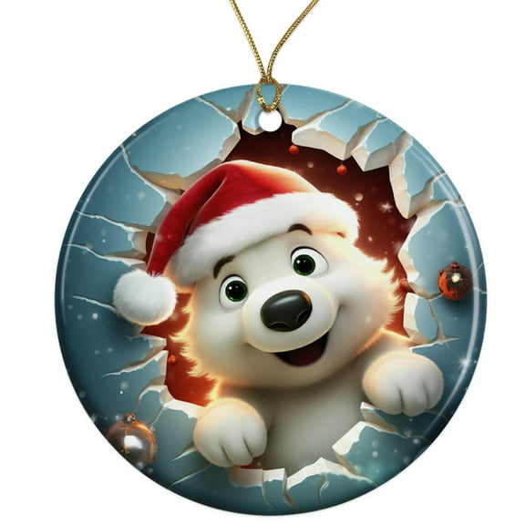 Cute Polar Bear Cartoon Ceramic Ornament - Breakthrough 3D Effect Burst Illusion Kids Ornament - 3 Inch Christmas Tree Round Ornament - Xmas Holiday Decor - String Included - ORNW0071
