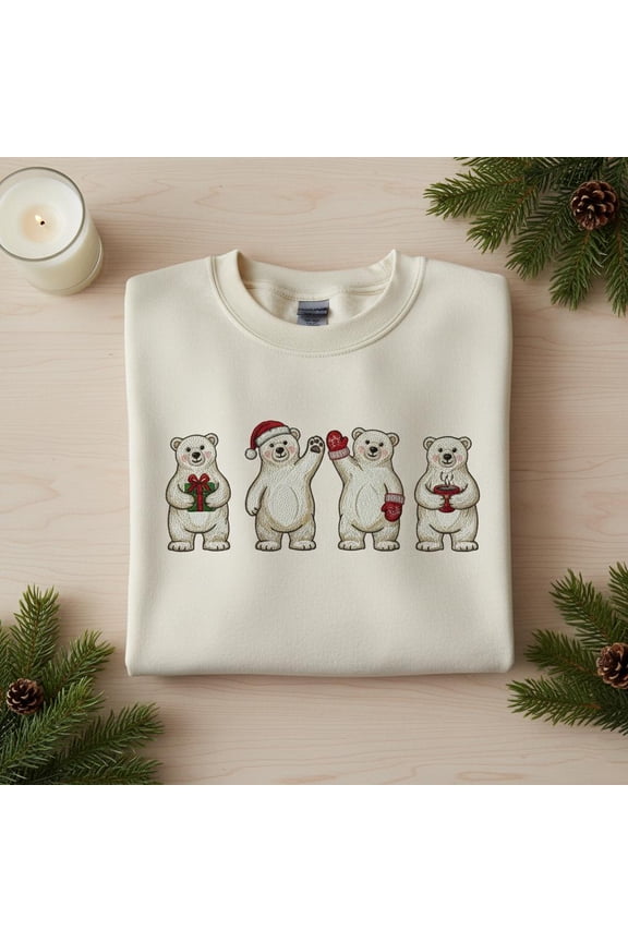 Cute Polar Bear Embroidered Christmas Sweatshirt, Funny Winter Polar Bear Crewneck, Holiday Animal Xmas Gift, Bear Lover Shirt