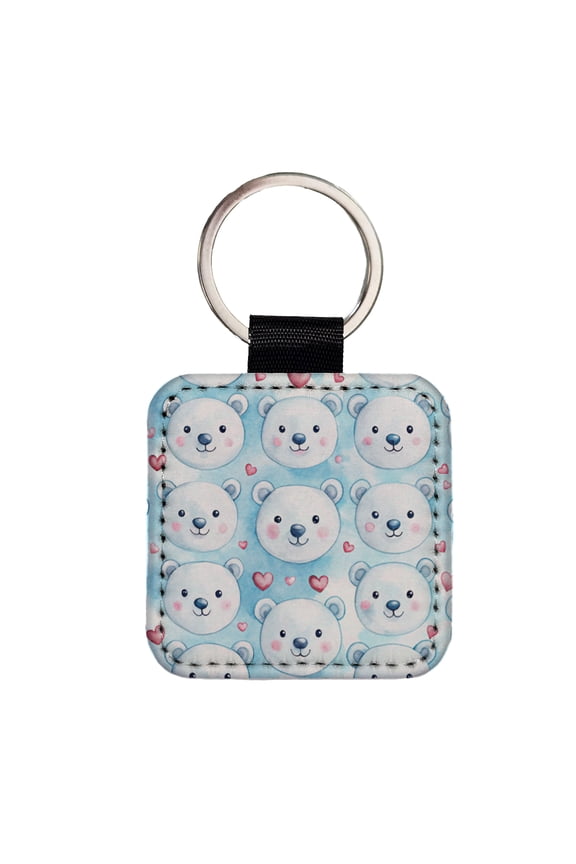 Cute Polar Bear Faces Hearts Faux Leather Square Keychain