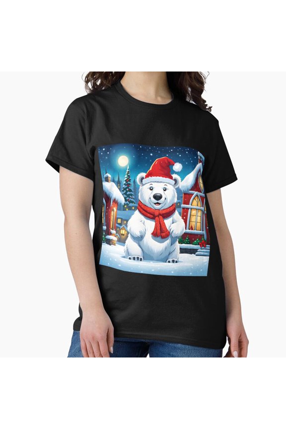 Cute Polar Bear In Father Noel Hat Holiday Winter Art Top Unisex T-Shirt up to size 5XL