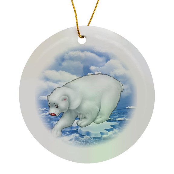 3drose, Cute Polar Bear on an Iceberg in the Ocean Scene Illustration, Circle Porcelain Ornament