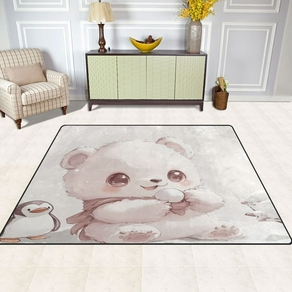 Cute Polar Bear and Penguin 63''x48'' Plush Memory Foam Bath Mat, Soft, Absorbent, Non Slip, Durable