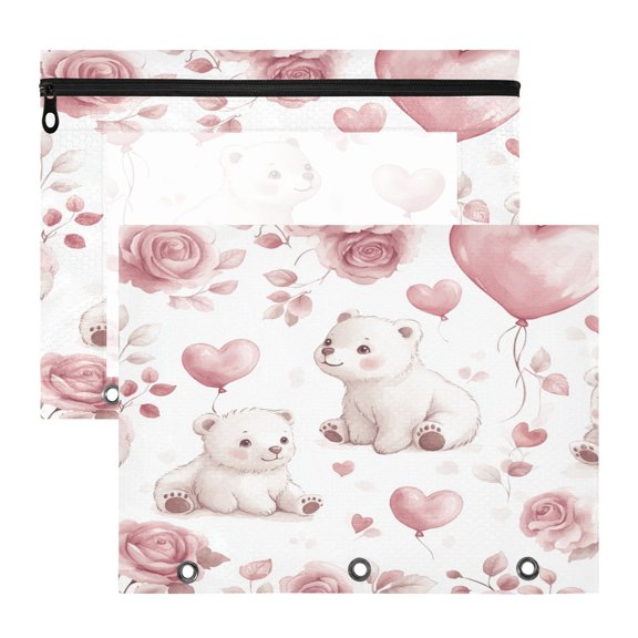 Cute Polar Bears A4 Pencil Pouch 3 Ring Zipper Pencil Pouches Pencil Case for Binder Cosmetic Bag 2 Pack
