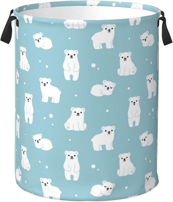 Cute Polar Bears Laundry Hamper Bag With Waterproof Liner - Round Laundry Basket Foldable Clothes Storage Organizer For Bathroom Bedroom Nursery Dorm