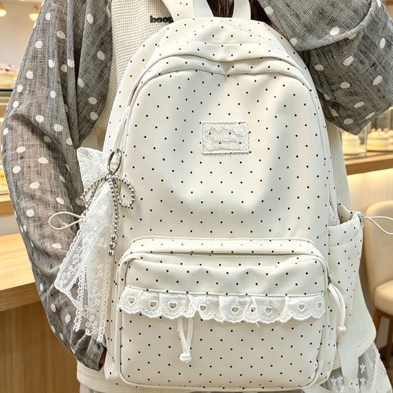 Cute Polka Dot Backpack - Coquette Back Pack with Lace Trim & Plush Charm, Kawaii Casual Daypack for Classes travel