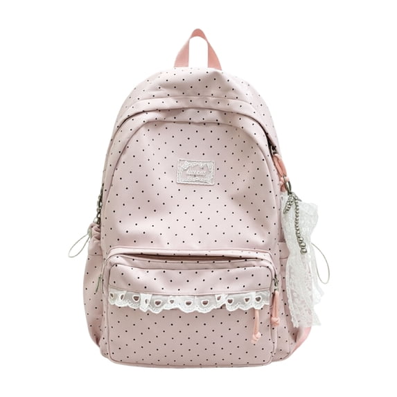 Cute Polka Dot Backpack with Lace Bow Large Capacity Laptop Daypack for Women Pink